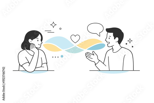 Shared emotions. A person listening attentively while another speaks, with soft abstract shapes connecting them. Quiet scene emphasizing