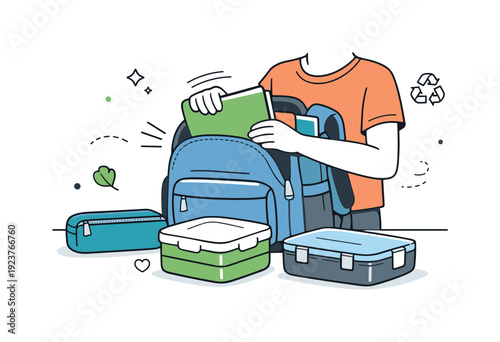 Child packing a blue backpack with books and lunchboxes for school