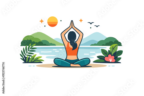 Serene Yoga Retreat. Yoga retreats in exotic locations a quiet yoga pose performed near water with lush greenery and distant hills, expressing harmony,