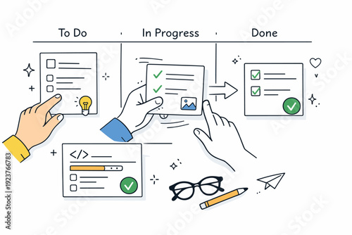 Task board details view. Close-up of cards being reviewed on a project board, hands pointing or moving tasks between columns. Sense of steady