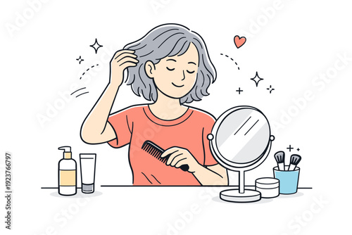 Gray hair normality. Person styling gray hair casually at a vanity, peaceful expression and soft shadows. Natural beauty in everyday moments.