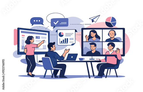 Smart meeting room. Interactive screens, video calls, and shared documents connecting remote