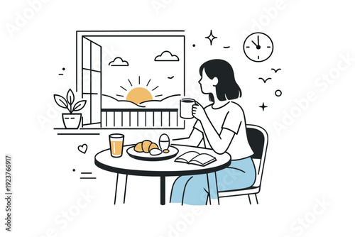 Sunrise breakfasts outdoors. Quiet solo breakfast moment near a window or balcony, with early sunlight filling the space. The illustration