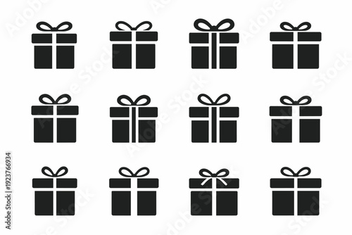 Minimal gift box. Solid icon set of Minimal gift box: simple gift box, clean ribbon bow, plain wrapped box, minimal present, flat ribbon,