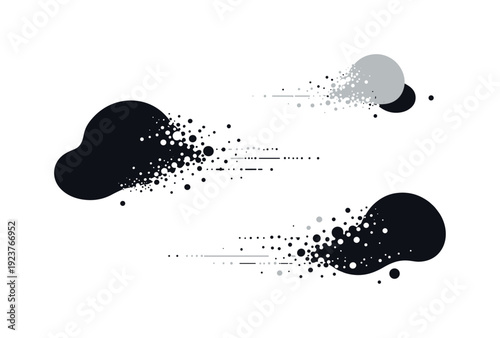 Abstract dynamic shapes composed of dots and lines moving across a white background
