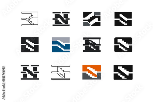 Building Cutaway Logos. Building section cutaway. Icon set. Set Logo of Building section cutaway: stairwell and floor slabs. harmonious logo variations of the