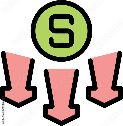 Three downward pointing arrows splitting money with currency symbol s indicating splitting costs, dividing expenses, or distributing funds