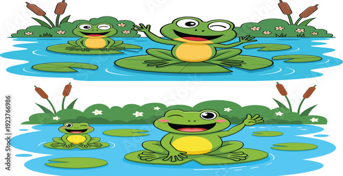 Cartoon frogs on lily pads in pond, cheerful children illustration with flowers, cattails and greenery, colorful playful artwork for education and design