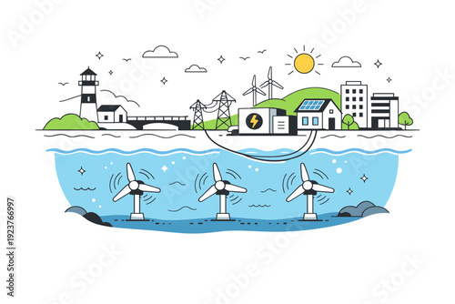 Sustainable tidal energy concept. Coastal infrastructure connected to underwater turbines, supplying clean electricity to nearby buildings.