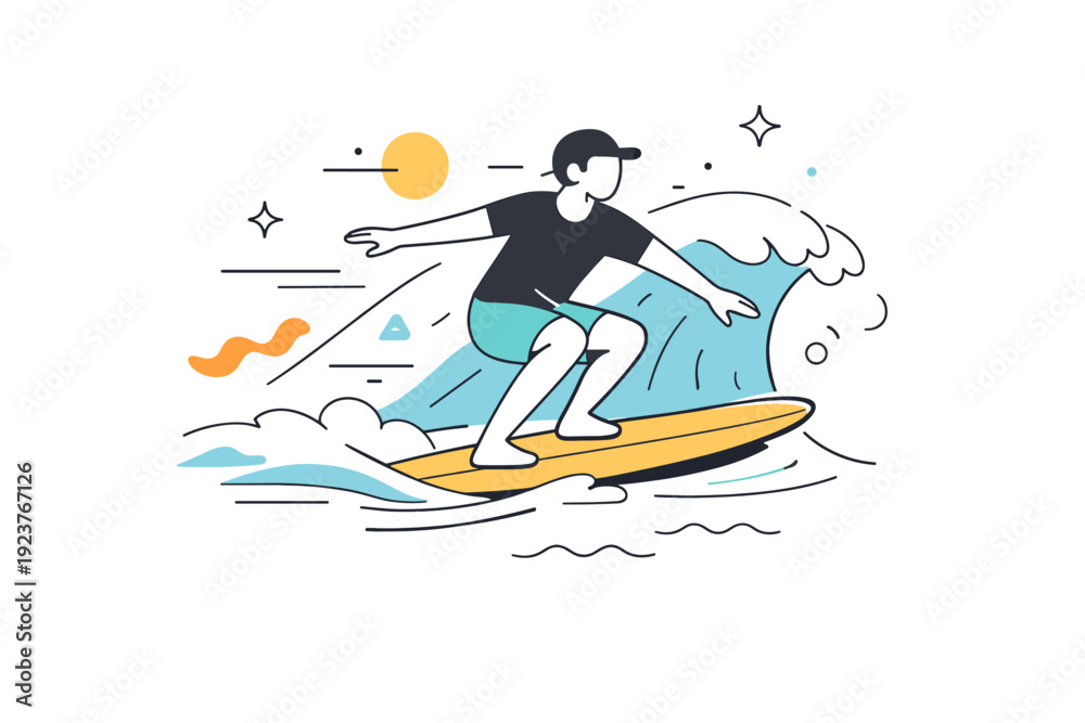 Fototapeta premium Surfing on ocean waves. A person riding a wave with motion lines and floating abstract shapes emphasizing dynamic movement and energy. Minimalist flat vector