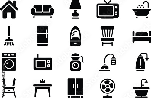 Collection of home and furniture icons in black and white