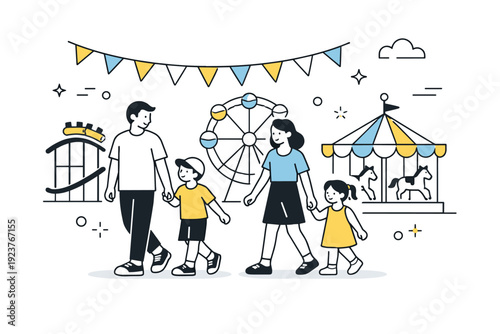 Amusement park leisure visits. Family walking together past colorful rides and decorative flags. Calm togetherness and shared leisure time.
