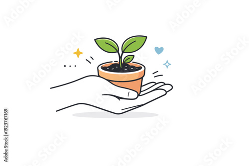 Hands holding objects. A single hand carefully holds a small plant in a pot. Gentle, mindful mood with a sense of care and growth. Minimalist