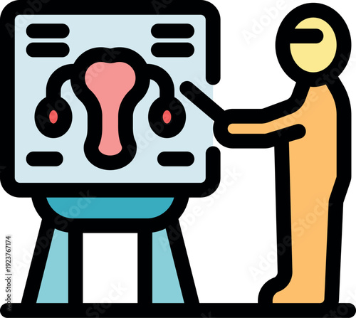 Doctor pointing at uterus scheme on projection screen during medical conference or lesson