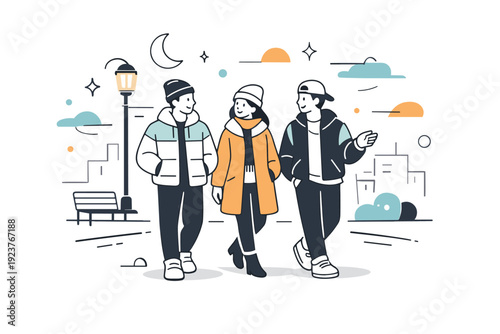 Night street style. Friends walk along an illuminated urban street wearing stylish jackets and hats, subtle glowing accents and floating