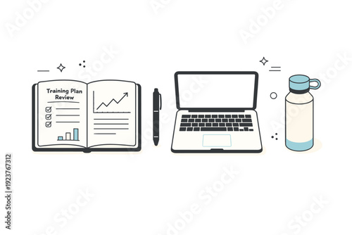 Training plan review session. Minimal flat-lay of notebook, pen, laptop, and water bottle arranged neatly on a desk, suggesting analysis and planning. Calm and