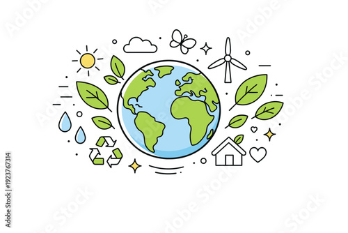 Earth Day Harmony. Earth Day backgrounds. Abstract planet Earth surrounded by leaves, water drops, and gentle symbols of ecology, calm visual rhythm conveying