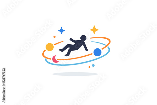 Cosmic and dreamy scenes capturing the feeling of floating weightlessly through space. A simple visual with a small human silhouette, stars and orbit lines