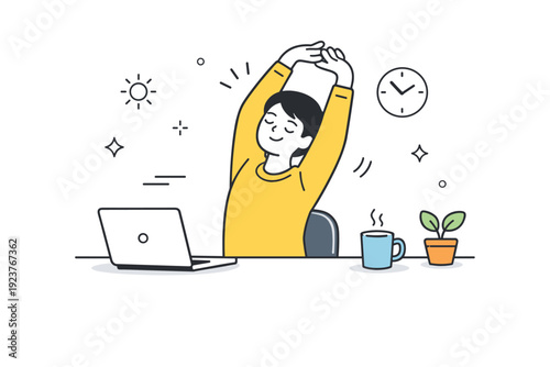 Office Stretch Break. Short breaks. Person stretching arms next to a desk with a laptop and coffee cup. Calm pause during work, moment of light movement and