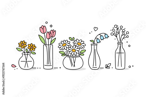 Unwrapped flowers in vases. Several simple vases with different unwrapped flowers arranged side by side, each slightly imperfect. The