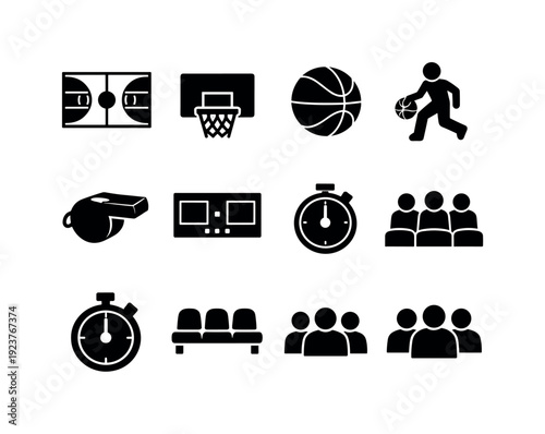 Basketball game setup. Filled icon set of Basketball game setup: court outline, hoop, ball,