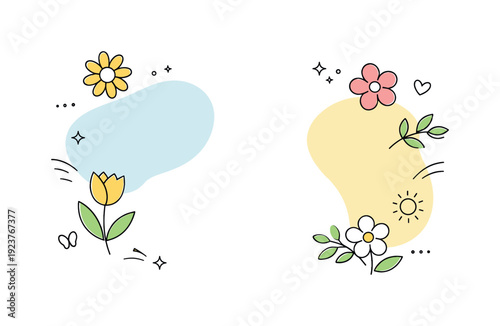 Spring sale background. Light abstract shapes with flowers and leaves floating around, calm and cheerful seasonal mood. Clean promotional