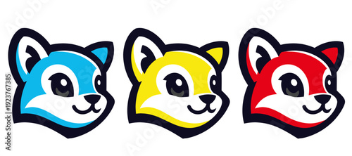 Cute Fox Mascot Characters in Blue, Yellow and Red – Vector Illustration