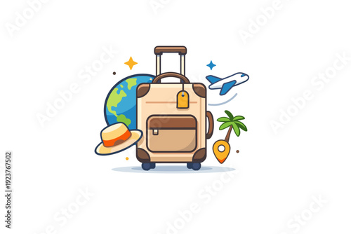 Luxury travel elegant journey concept with a refined suitcase and subtle world elements, conveying comfort, exclusivity and effortless