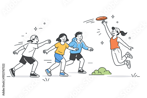 teenagers playing games. A group of teenagers playing frisbee outdoors, motion lines and small abstract shapes showing movement and energy, joyful and friendly