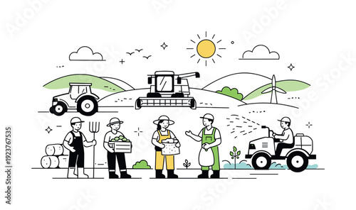Agricultural workers and mechanizers. Abstract rural scene with people and agricultural machines integrated into simple landscape shapes.