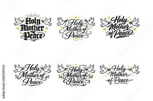 Holy Mother of Peace. Create a calligraphy lettering illustration of the phrase: Holy Mother