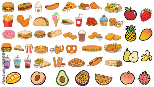 Colorful doodle illustration of healthy fruits and unhealthy food collection featuring snacks, fast food meals, desserts, and fresh nutrition variety set.
