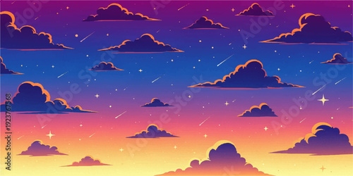 A serene winter landscape with snow-covered mountains under a blue night sky filled with stars and a glowing moon