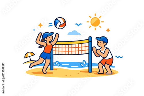 Beach sports in June capturing the energetic start of summer with people enjoying active games by the sea. A compact coastal scene with a