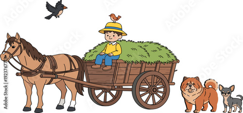 Cartoon horse pulling hay cart with child, dogs and birds in rural farm scene, colorful countryside illustration for kids, playful animal artwork design