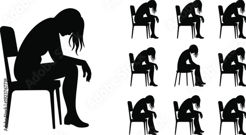Silhouette Of A Sad Woman Sitting On A Chair With Multiple Smaller Silhouettes vector illustration