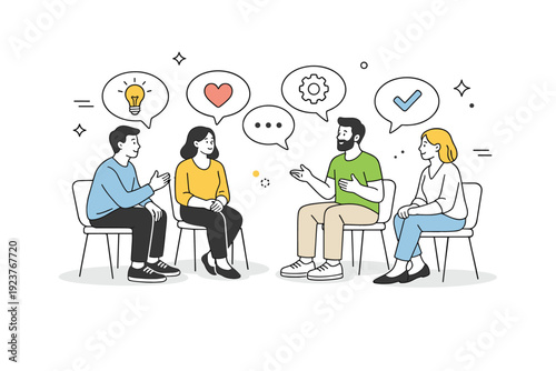 Team communication exercise. Colleagues sitting in a circle, listening and speaking with speech bubbles and icons, calm and respectful interaction. The scene