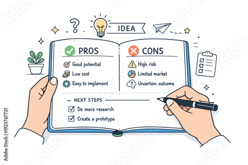 Idea validation note-taking. Person jotting pros and cons in a notebook, small icons and symbols helping structure thoughts. Clear and
