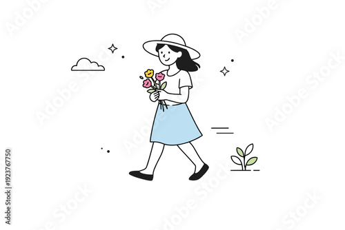 Women holding flowers while walking. Small figure moves through open space holding flowers, surrounded by air and light. Focus on gesture, calm scale, soft