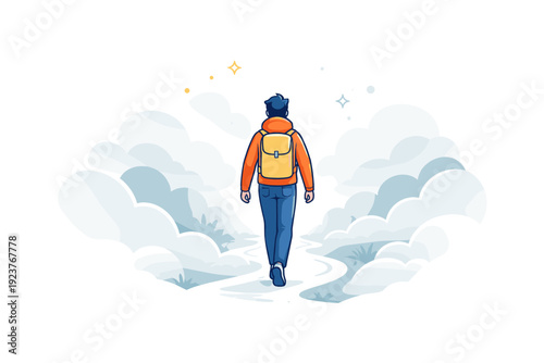 A person walking through a dense fog with courage and resolve portrayed as a lone figure moving forward along a simple path, expressing inner