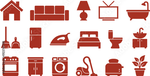 Brown icons of household furniture and appliances on white background