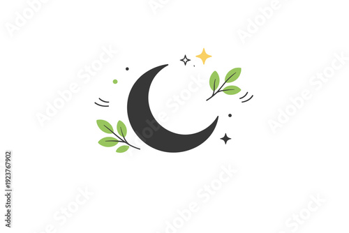 Crescent moon spring designs. Minimal editorial composition with crescent moon, small stars, and fresh leaves, calm poetic mood suitable for
