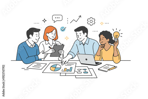 Business teamwork. A clean editorial scene showing a small group of professionals collaborating around abstract charts and documents,