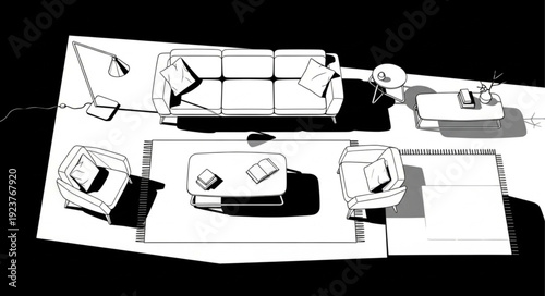 Living room furniture arrangement with sofa, chairs, and coffee table on a rug.