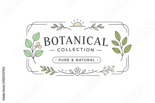Botanical label illustration. A clean plant-inspired label with leaf motifs and soft frames, designed for packaging or product identification. Calm natural