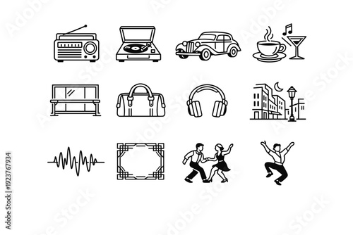 Swing Culture Icons. Swing culture lifestyle. Line icon set of Swing culture lifestyle: vintage radio, record player, retro car, coffee cup jazz club, dance