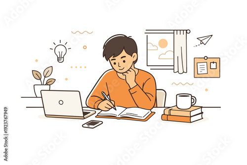 Focused learning at home. A calm editorial scene of a person studying at a desk with a laptop, notebook, and soft daylight coming through a