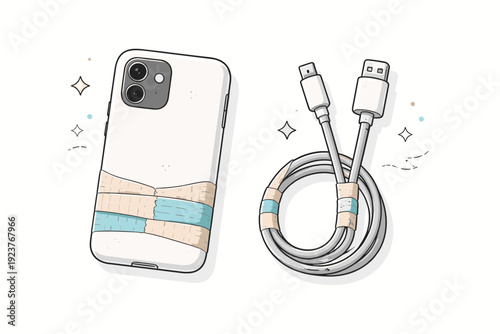 Repair tape aesthetics. Lightly worn phone case or charging cable wrapped in carefully layered tape, presented in a clean floating layout.