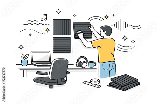 Applying acoustic panels. A person positions foam panels on a home office wall, abstract floating stars and lines emphasizing sound control,