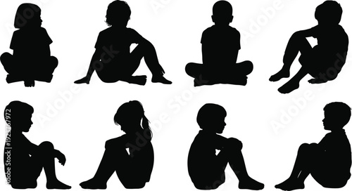 Silhouettes Of Children Sitting In Various Poses On White Background kids